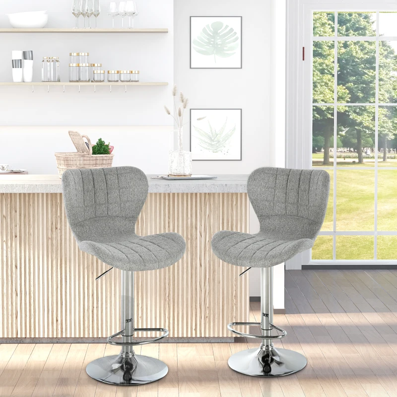 HOMCOM Set 2 scaune de bar rotative cu înălțime reglabilă, suport pentru picioare și spătar din material textil, gri(m-2)