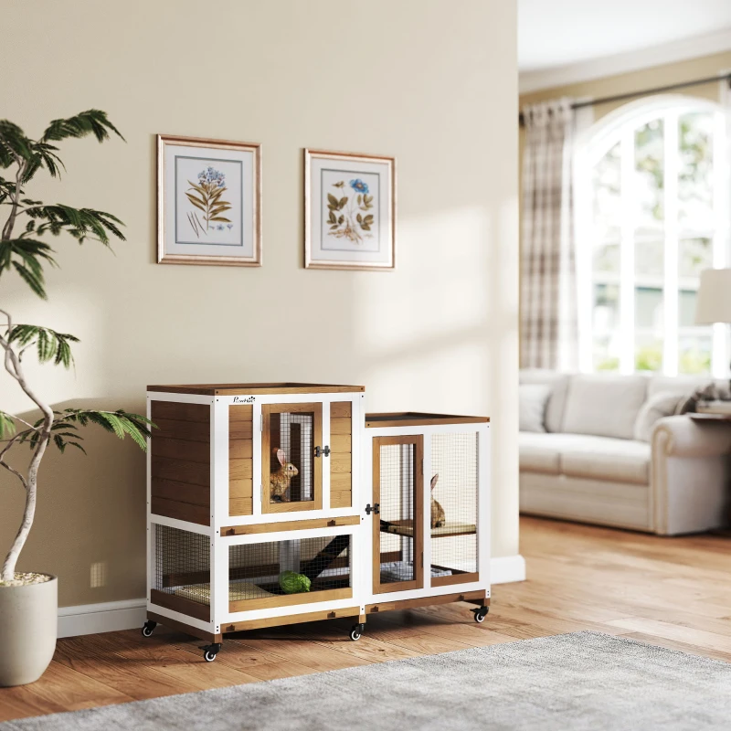 PawHut Clapier lapin intérieur cage lapin en bois design de luxe 3 niveaux avec 3 plateaux amovibles 110 x 50 x 86 cm marron
