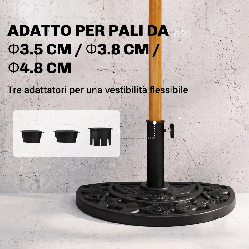 Outsunny Base per Ombrellone Semicircolare da 9 kg in HDPE, Cemento e Metallo con Motivi Floreali, Ø50x32x32 cm, Nero