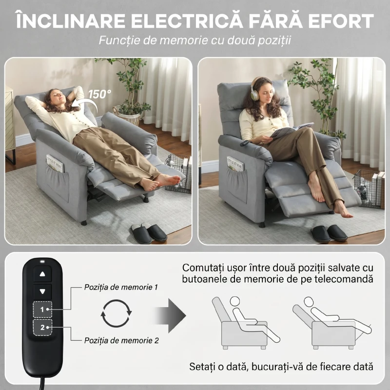 HOMCOM Fotoliu Reclinabil cu 8 Puncte de Masaj și 5 Moduri, Poggiapiedi, Încălzire, Material Catifelat, Gri