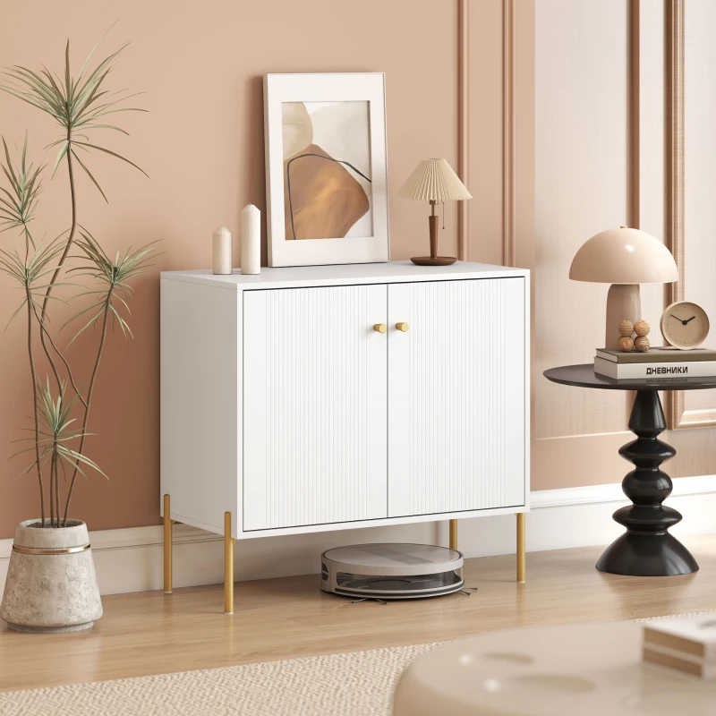 HOMCOM Aparador Moderno de 2 Portas Prateleiras Ajustáveis Bancada com Efeito Mármore e Pés de Aço 80x39,1x76 cm Branco
