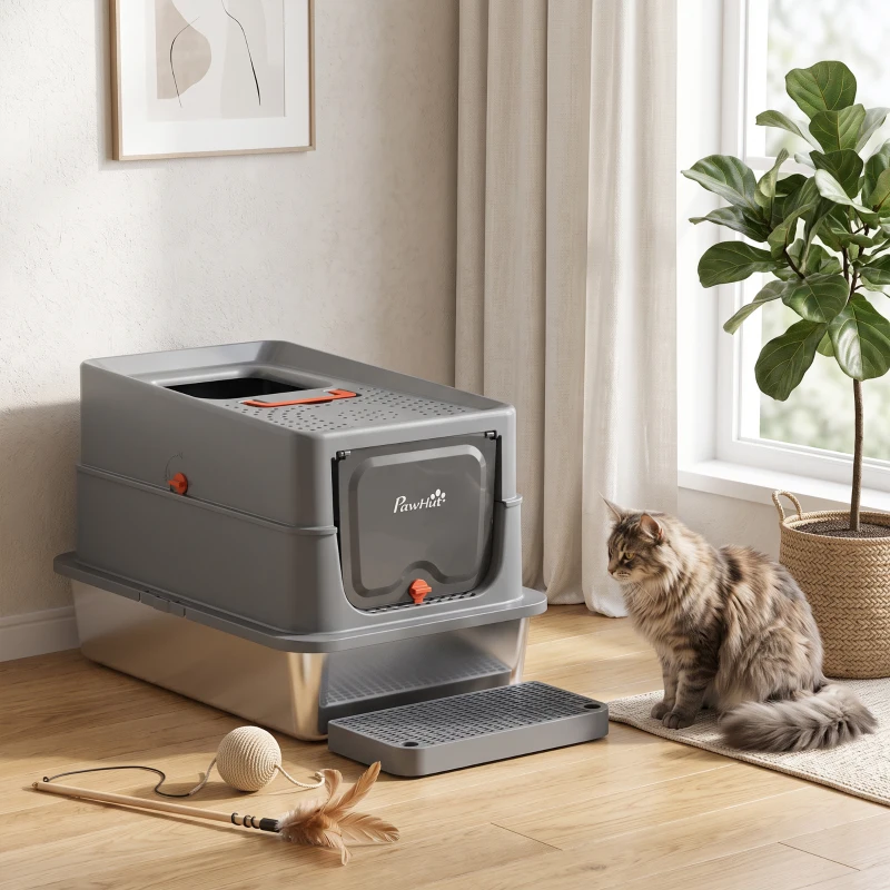 PawHut Stainless Steel Cat Litter Tray with Lid, XL 90L Enclosed Cat Litter Box with Step, Scoop, High Side, Dark Grey