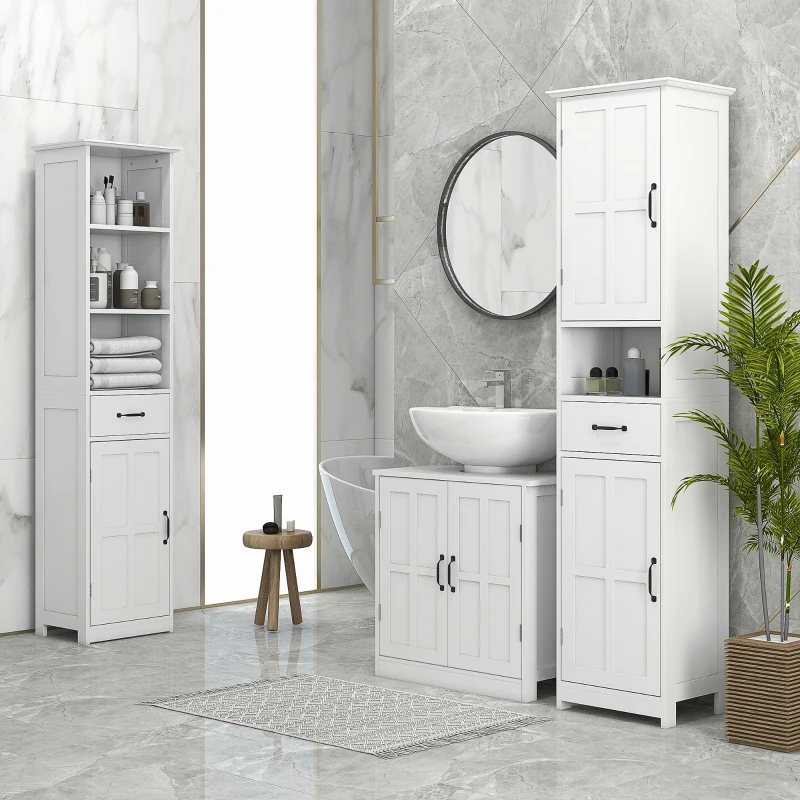 kleankin Mobile per Lavabo con Piedistallo, Mobile Sotto Lavabo con 2 Ante e Scaffale Regolabile, Mobile da Bagno con Ritaglio a Forma di U, Bianco