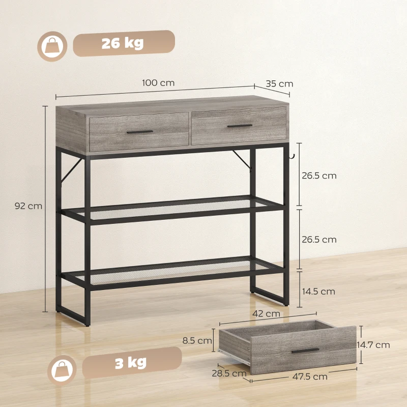 HOMCOM Consolă de Intrare cu 2 Sertare, 2 Rafturi din Plasă și Cârlig Lateral, Consolă în Lemn și Metal, Măsuță de Intrare pentru Dormitor, 100x35x92 cm, Gri Deschis