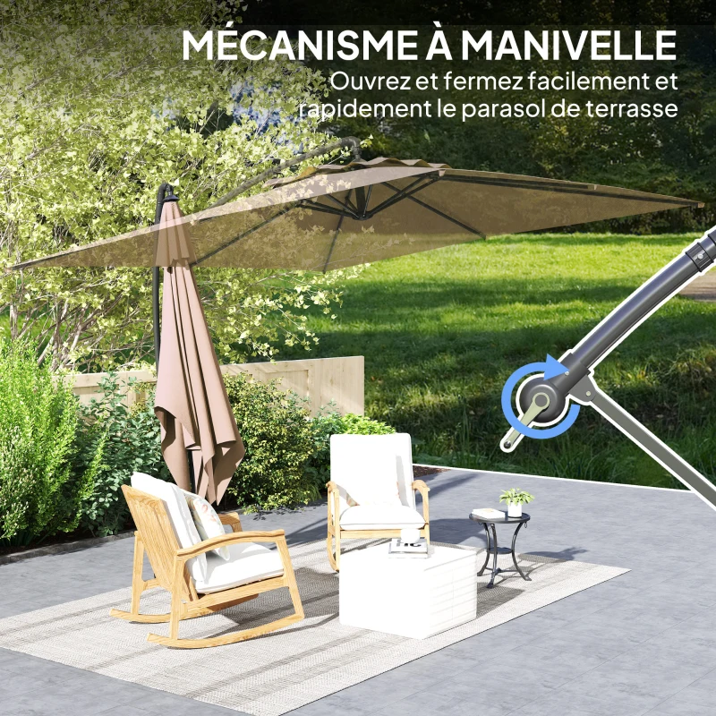 Outsunny Parasol déporté carré 3 x 3 m avec manivelle, base croisée, parasol inclinable et rotation à 360°, toile 180 g/m² kaki