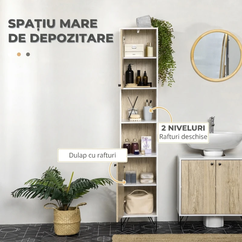 kleankin Dulap de depozitare inalt pentru baie, cu 2 rafturi deschise si 2 dulapuri de depozitare, natural si alb