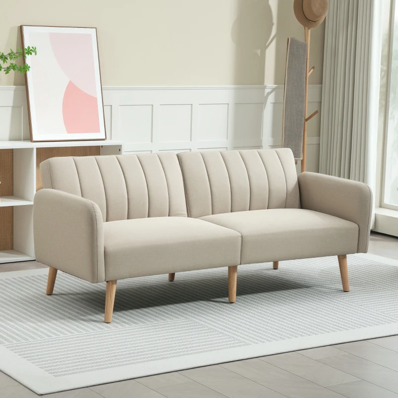 HOMCOM Canapé Convertible 2 Places Design scandinave Dossier inclinable 3 Positions Pieds Bois Tissu Aspect Lin Beige