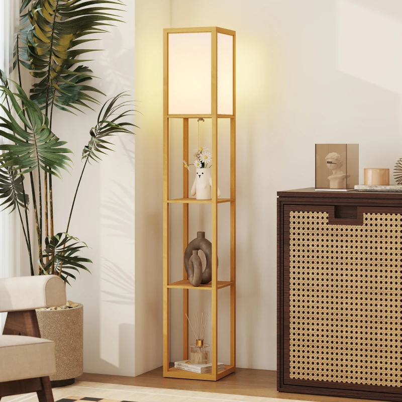 HOMCOM Candeeiro de Pé de Madeira com 3 Prateleiras para Lâmpada E27 Potência Máx. 40W 26x26x160 cm Madeira e Branco