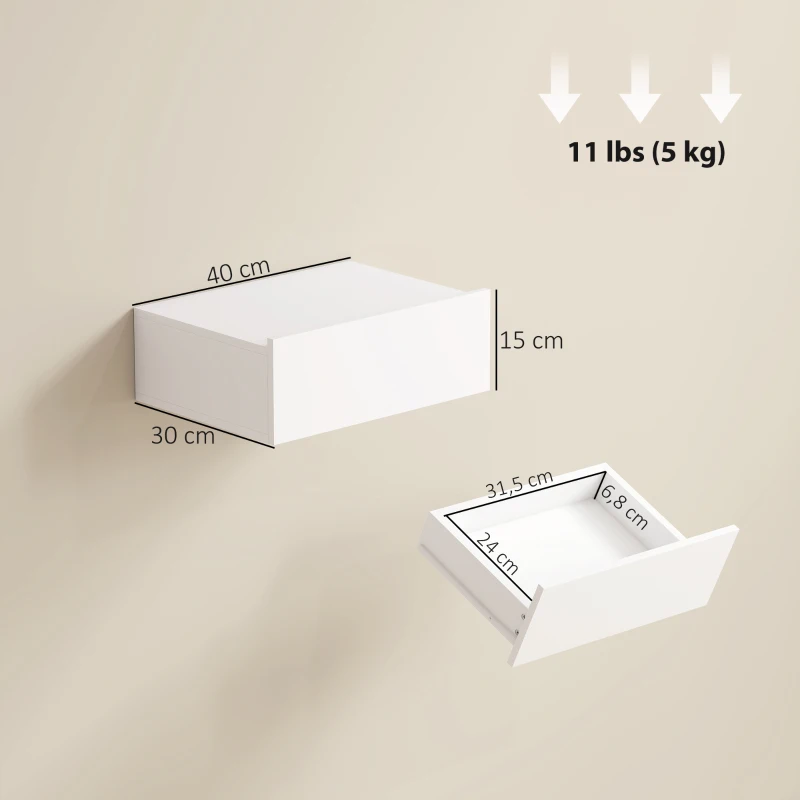 HOMCOM Conjunto de 2 Mesas de Cabeceira de Parede Mesas de Cabeceira Flutuantes com 1 Gaveta para Quarto 40x30x15 cm Branco