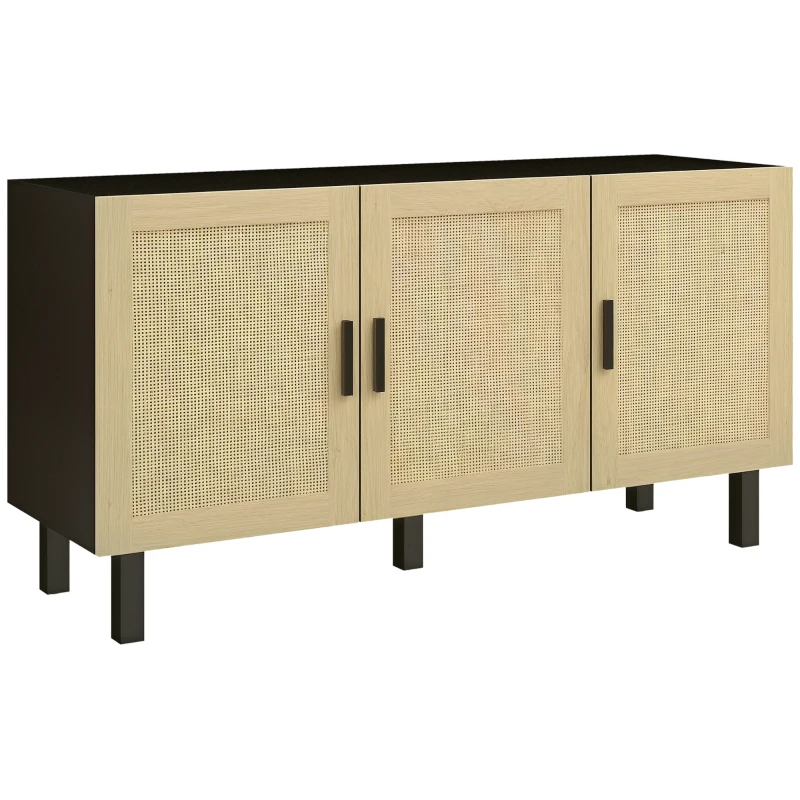 HOMCOM Meuble de rangement avec placards à portes effet cannage, étagères réglables, 136 x 41 x 70 cm, noir et bois naturel