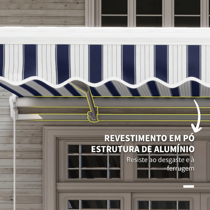 Outsunny Toldo Manual Retrátil 395x245 cm Ângulo Ajustável Braço Articulado Anti-UV e Impermeável Montagem na Parede Azul e Branco