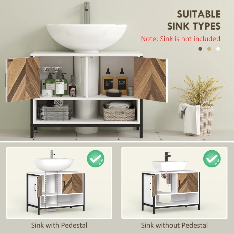 HOMCOM Under Sink Bathroom Cabinet, Rustic Under Sink Cabinet for Basin with or without Pedestal, Cream White and Walnut