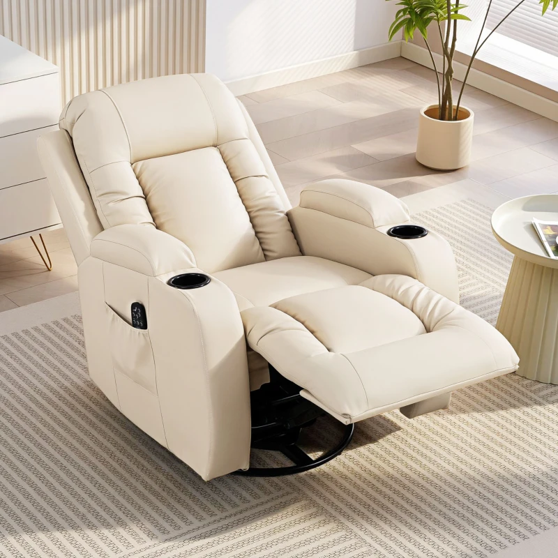 HOMCOM Fauteuil inclinable de massage et chauffage, fauteuil de relaxation, dossier réglable, pivotant 360°, 82x99x103cm, crème