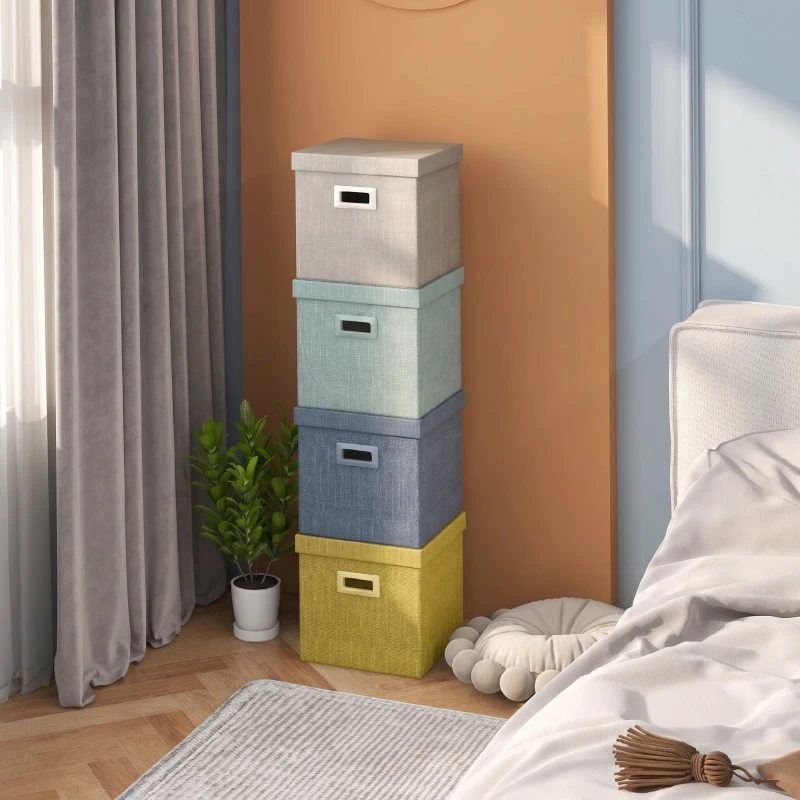 HOMCOM Set 4 cutii pentru dulapuri din material textil cu capac și pliabile 30x30x29cm, albastru, crem, verde și gri deschis