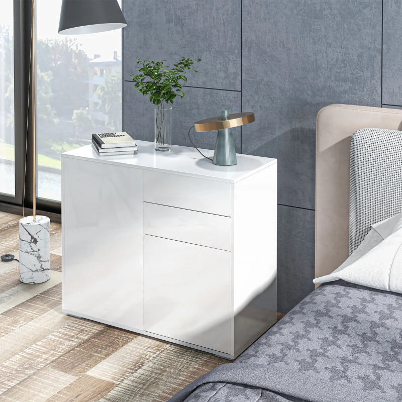 HOMCOM Bufet Modern cu 2 Dulapuri și 2 Sertare cu Deschidere prin Apăsare, 79x36x74cm, Alb Lucios(m-10)
