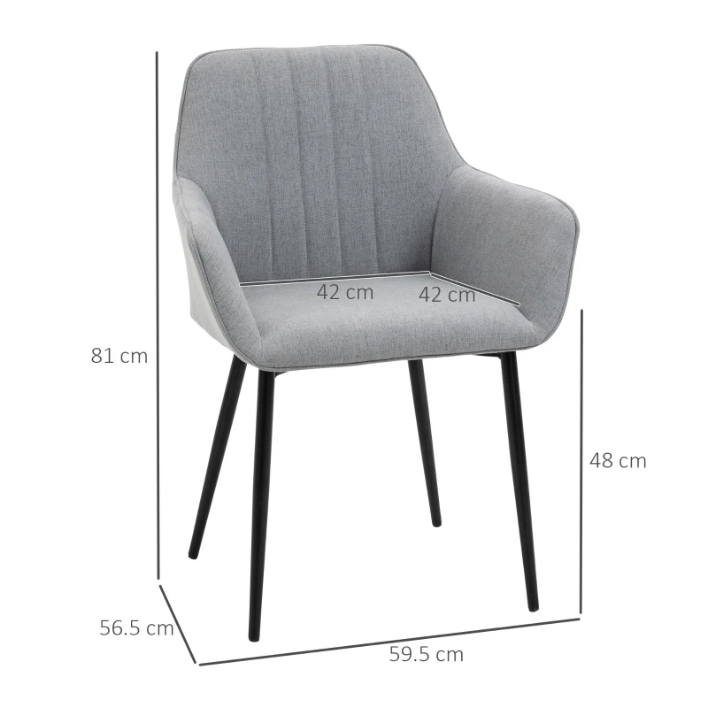 HOMCOM Dining Chairs Set of 2, Upholstered Linen Fabric Kitchen Chairs with Metal Legs for Living Room Dining Room, Light Grey