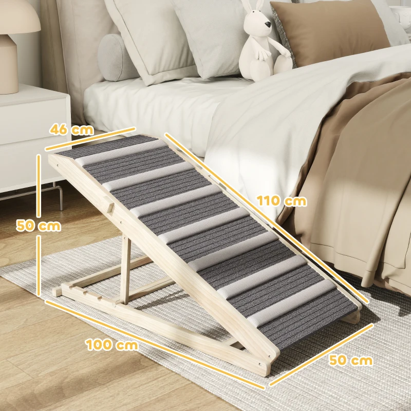 PawHut Rampe pour Chien en Bois avec Tapis Antidérapants, 4 Hauteurs Réglables de 35-50 cm, 100x50x50cm, Bois Naturel et Gris