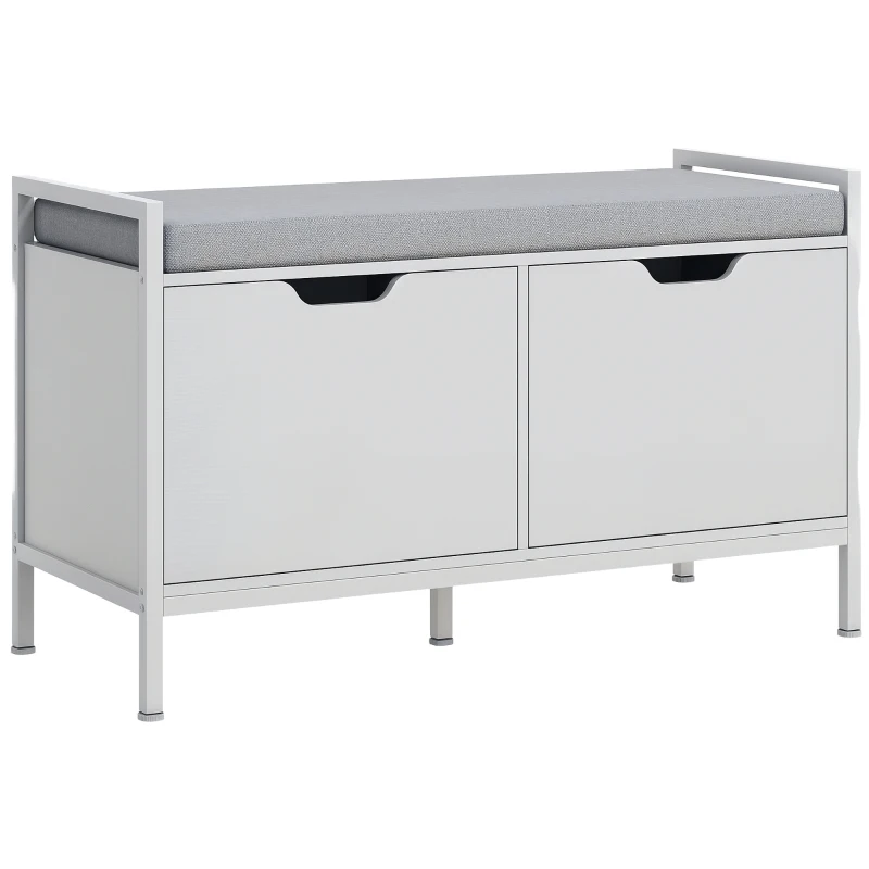 HOMCOM Bancă pentru pantofi cu 2 dulapuri și pernă, din material textil cu efect de in, lemn și oțel, 84x35x50 cm, alb