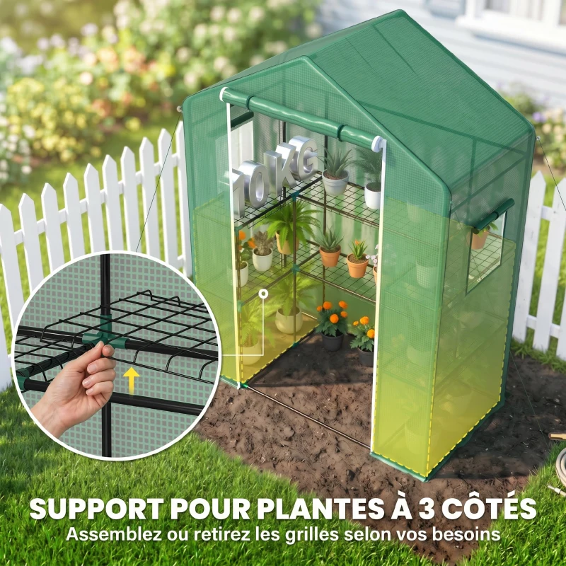 Outsunny Serre de jardin avec 1 porte, 2 fenetres et 2 étagères en forme de U pour Légumes Plantes Fleurs Bâche PE 140x73x190 cm