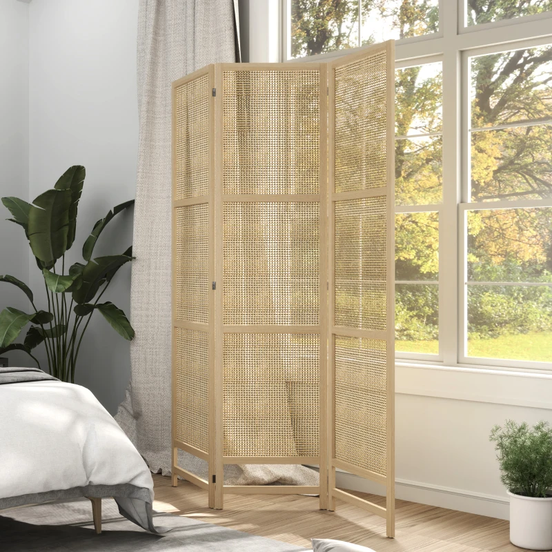 HOMCOM 3-teiliger Raumteiler, 180 cm faltbarer Wandschirm, Freistehender Raumtrenner mit handgewebtem Design für Zuhause, Natur