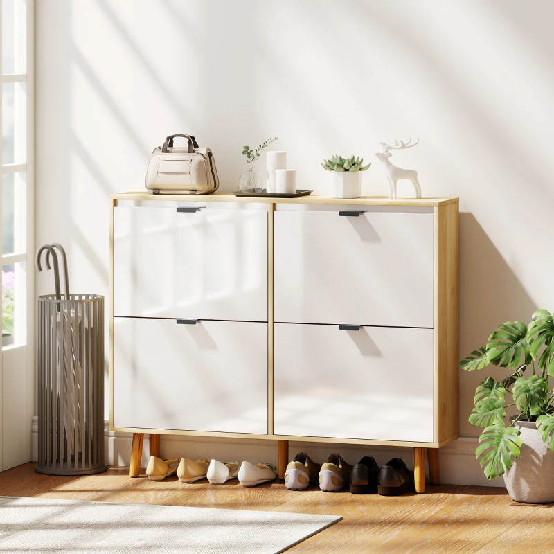 HOMCOM Sapateira Estreita com 4 Portas em Branco Brilho Prateleiras Ajustáveis Pernas de Madeira para 20 Pares de Sapatos 105x24x92,5 cm