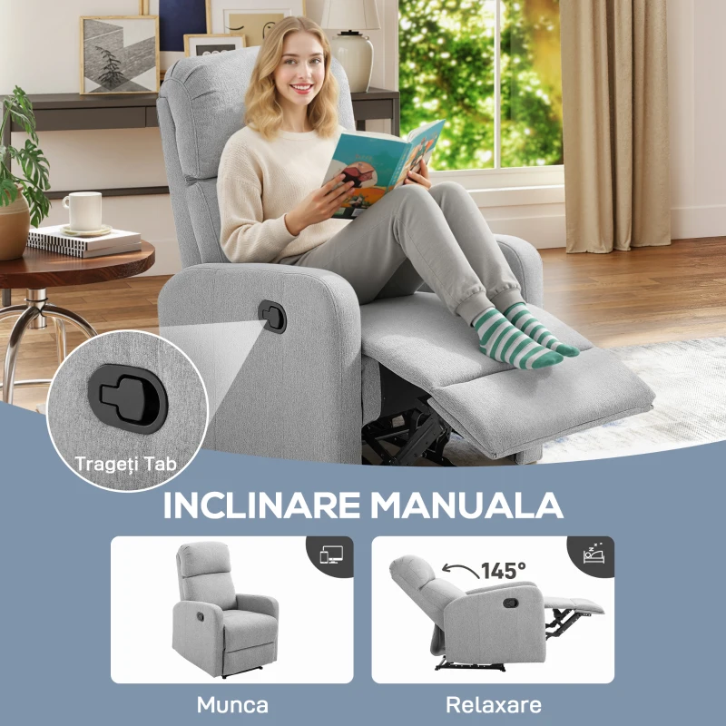 HOMCOM Fotoliu Relaxant Reclinabil până la 168° cu Suport pentru Picioare, 67x83x107 cm, Gri