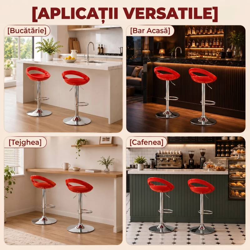 HOMCOM Set 2 Scaune de Bar Rotative cu Suport pentru Picioare, Înălțime Reglabilă, Bază din Oțel, Șezut din ABS, Roșu