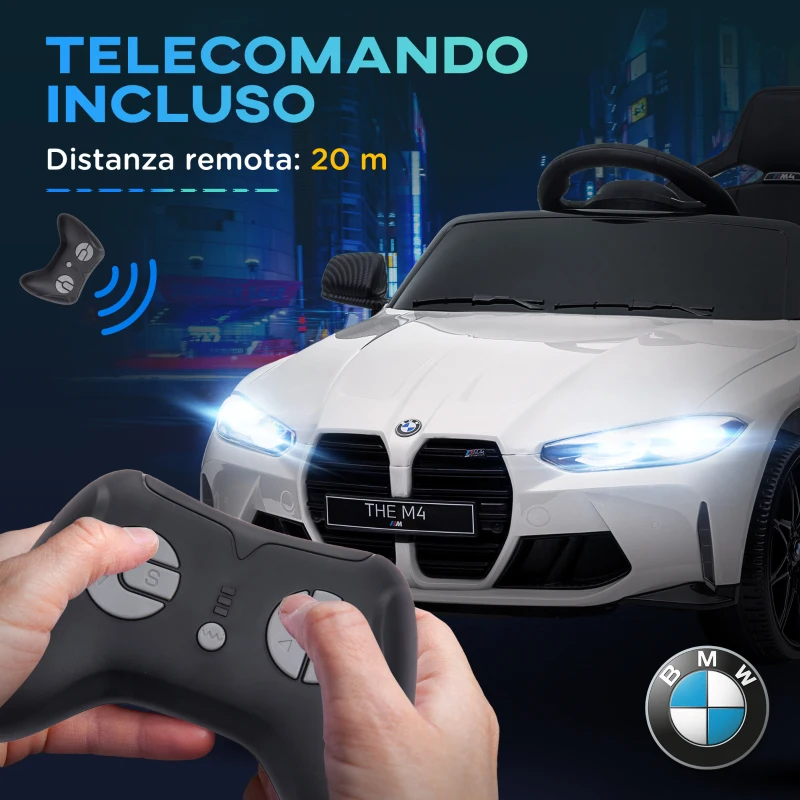 AIYAPLAY Macchina Elettrica per Bambini a Licenza BMW M4 con Telecomando, Clacson e Fari, Auto Elettrica in PP e Metallo, 108x69.5x51 cm, Bianca