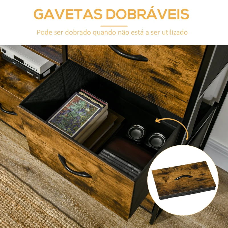 HOMCOM Armário com 3 Gavetas de Tecido Dobráveis e 2 Prateleiras Abertas Armário Multifuncional 44x40x155cm Marrom Rústico