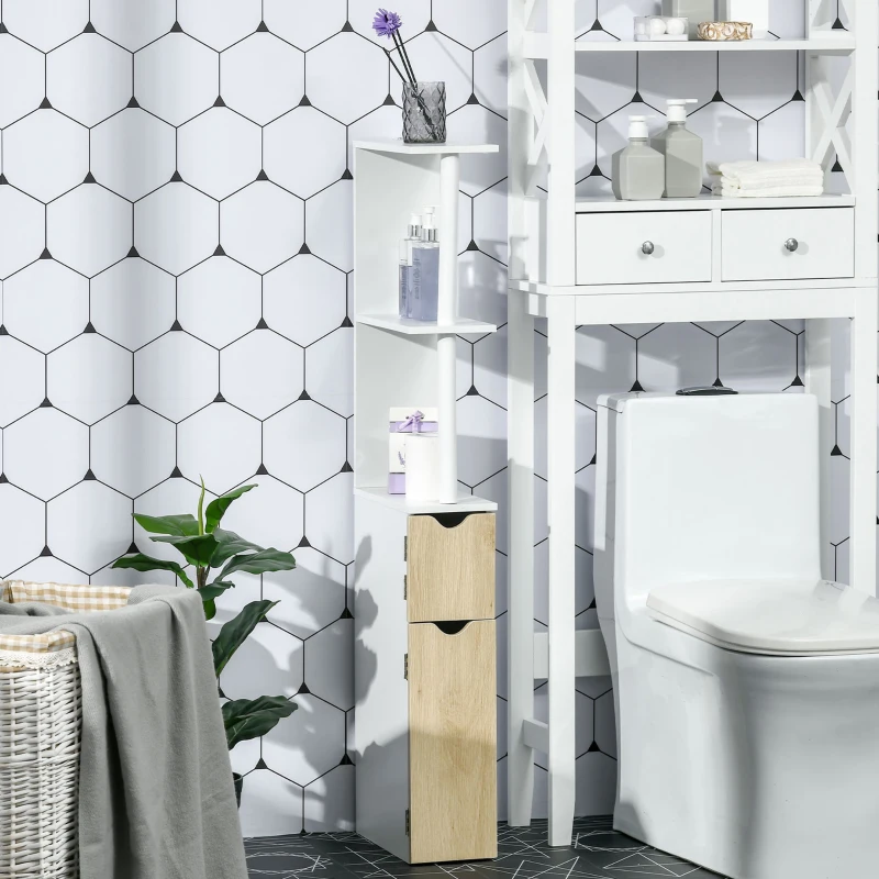 kleankin Colonna Bagno con 2 Ripiani e 2 Armadietti, Mobile Alto Salvaspazio 15.2x29.8x118 cm, Bianco e color Legno