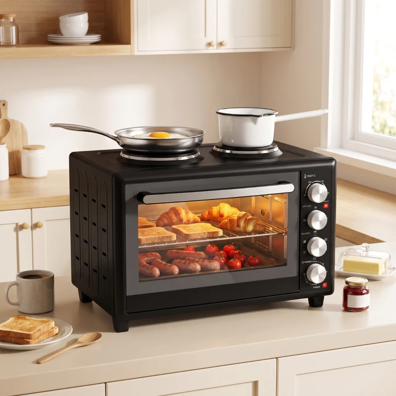 HOMCOM 46L Mini Oven with Dual Hot Plates, Electric Countertop Cooker with Convection, 90–230°C Adjustable Temperature