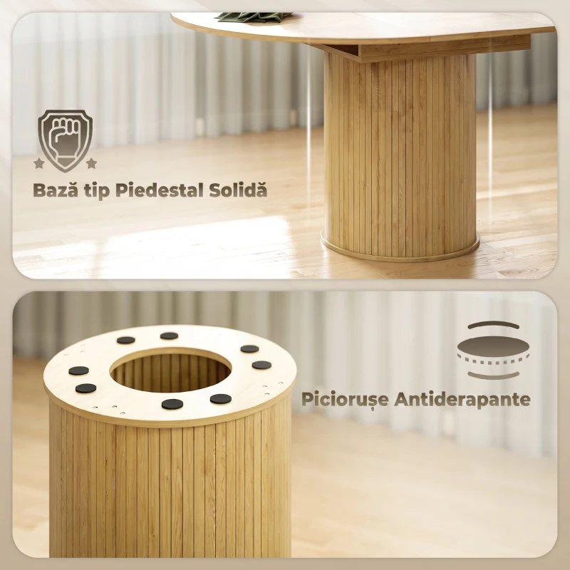 HOMCOM Masă Extensibilă pentru 6-8 Persoane, de la Rotundă la Ovală, cu Bază pe Piedestal, din Lemn și Oțel, culoare Lemn