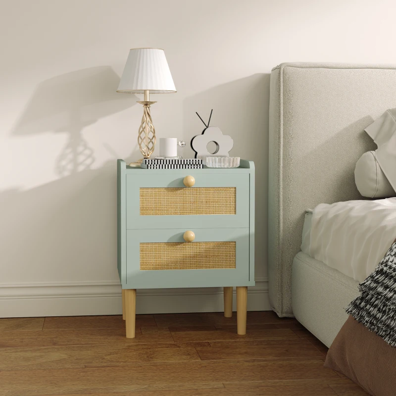 HOMCOM Table de chevet, table de nuit avec 2 tiroirs en effet rotin naturel et cadre en bois, 39,8 x 30 x 52,5 cm, vert olive