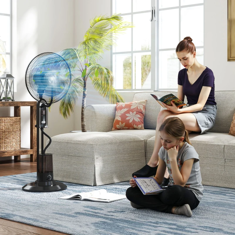 HOMCOM Ventoinha de Pé com Nebulizador 75 W Temporizador Depósito 3,2L Controlo Remoto 3 Velocidades 3 Hélices e Ecrã LED Ø44,5 cm Preto