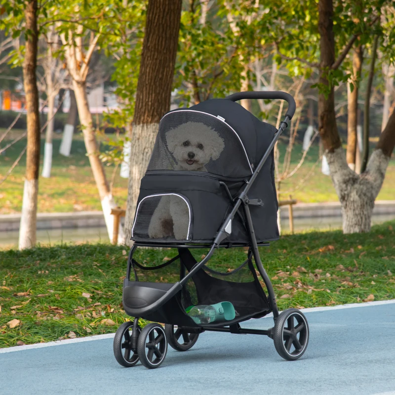 PawHut Poussette pour chien chat animaux de compagnie pliable 2 laisses roues EVA guidon réglable panier 83 x 55 x 101 cm noir