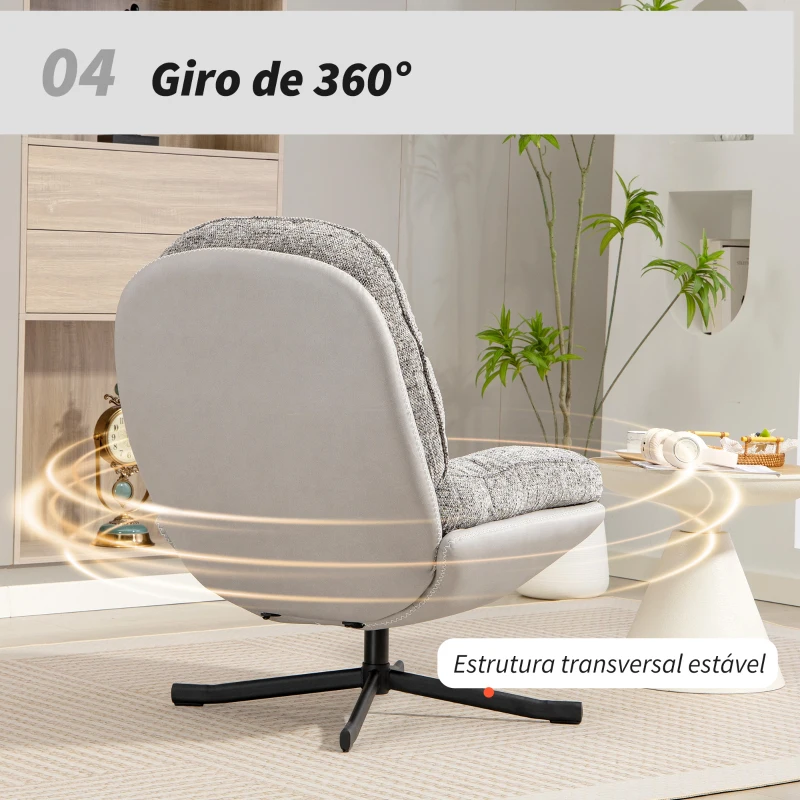 HOMCOM Poltrona Giratória Moderna com Base Cruzada Estofada em Chenille e Couro PU Assento Largo Duplo Pernas de Aço 78x95x99 cm Cinza