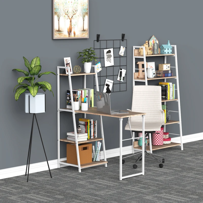 HOMCOM Scrivania Pieghevole con Libreria a 4 Livelli, Scrivania Salvaspazio in Metallo e Legno, 106x48x128cm, Rovere
