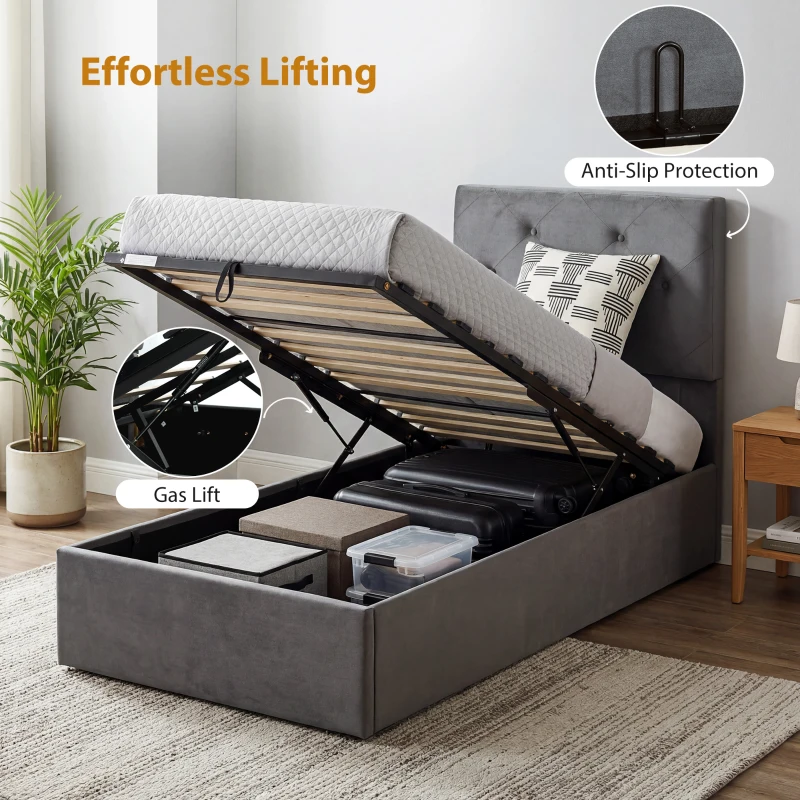 HOMCOM Single Bed Frame Gas End Lift Under Bed Storage Upholstered Platform Bed Tufted Headboard for 90 x 190 cm Mattress