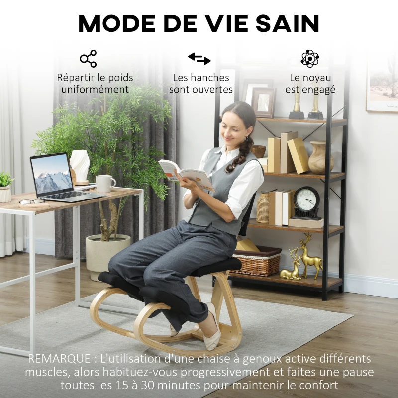 HOMCOM Siège assis genoux, tabouret ergonomique en bois à bascule avec dossier, chaise à genoux pour bureau à domicile, noir