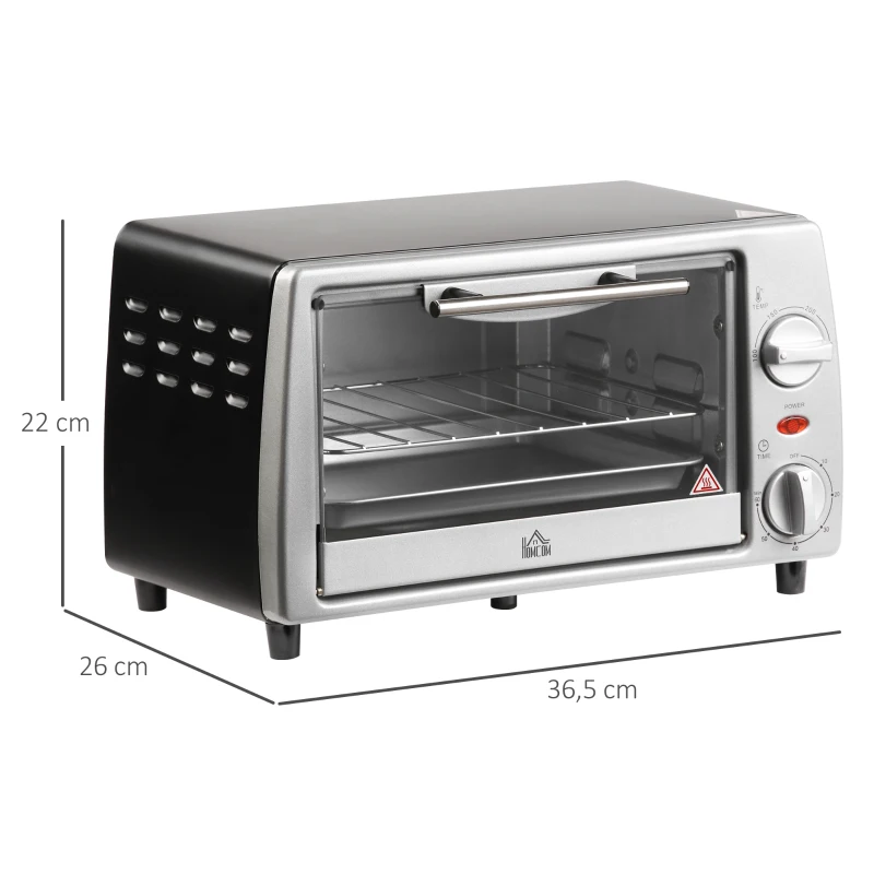 HOMCOM Mini Backofen 10 L 750W 100-230℃ 60 Min. Timer mit Backblech, Grillrost und Herausnehmbarer Bodenschale, Pizza-Ofen Silber
