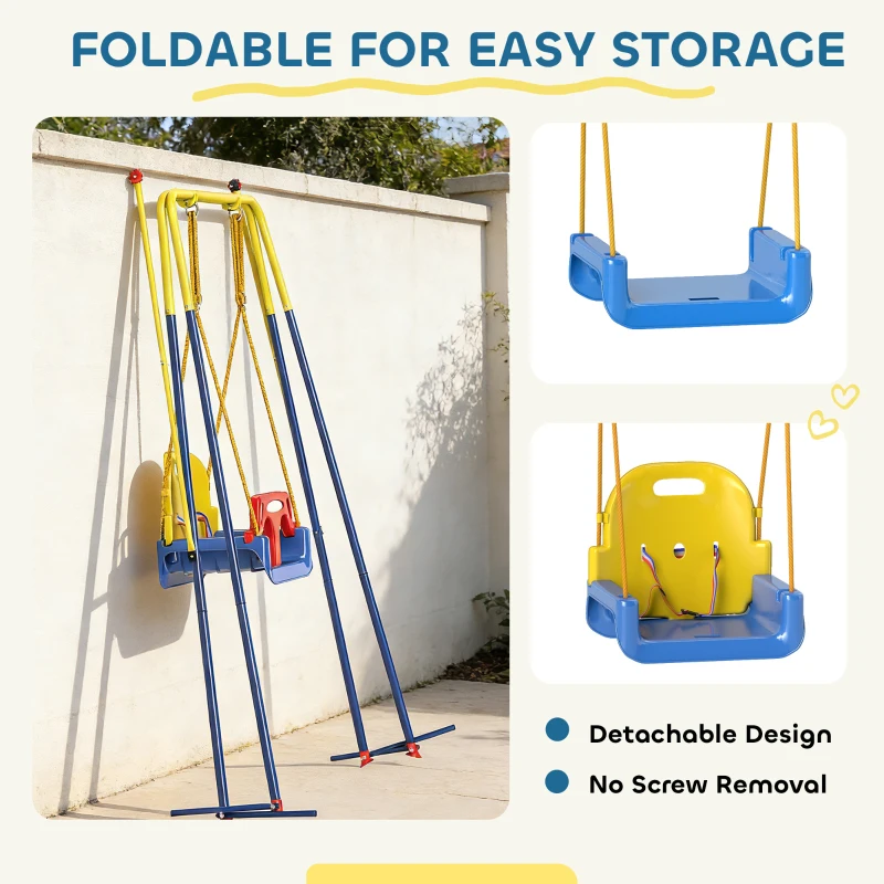 AIYAPLAY 3 in 1 Toddler Swing Set, Folding Child Swing Set with Seat Belt, Adjustable Seat for Outdoor Indoor, Blue