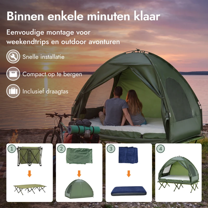 Outsunny Campingbed Hoog Met Matras Draagbaar Camping Groen