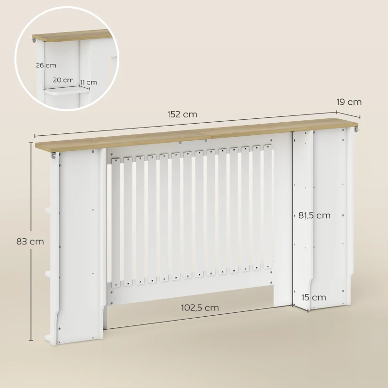 HOMCOM Cache-radiateur avec étagères de rangement ouvertes, couvercle de radiateur en bois à lattes, 152x19x83cm, blanc