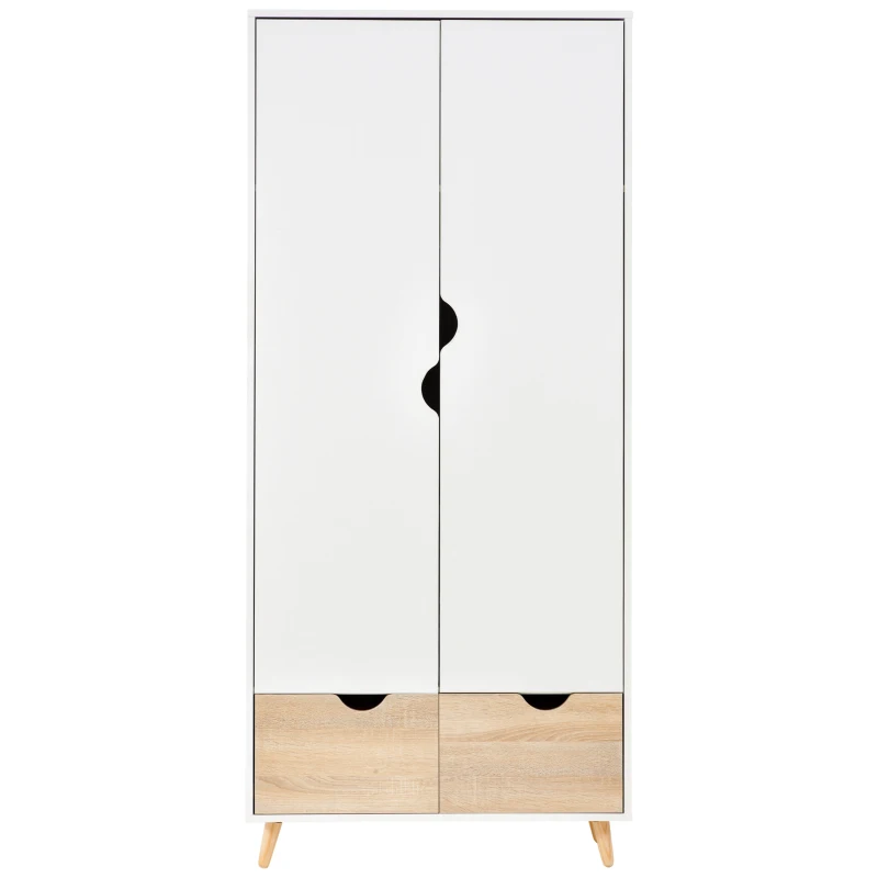 HOMCOM Armoire de Rangement Design scandinave - Armoire de Chambre - Placard 2 Portes avec penderie et étagère - 2 tiroirs coulissants - Panneaux Particules Blanc chêne Clair
