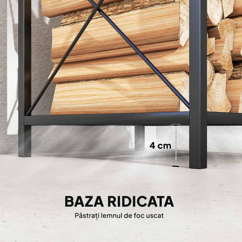 Outsunny Suport lemne de foc pe 2 niveluri din metal cu bază ridicată, 34x30x80 cm, negru