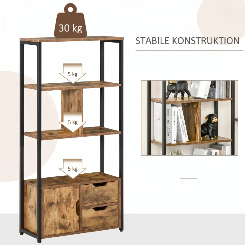 HOMCOM Bibliotecă cu 3 Rafturi, Dulap și 2 Sertare, din PAL și Metal, 58x24x122 cm