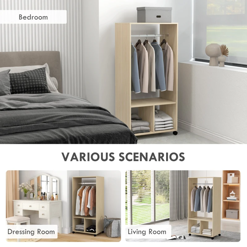HOMCOM Open Wardrobe on Wheels, Bedroom Wardrobe with Clothes Hanging Rail, 2 Storage Shelves, Mobile Garment Rack for Cloakroom, Hallway, Natural