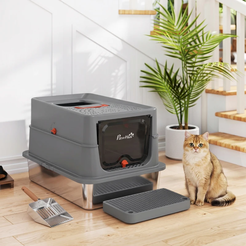 PawHut Stainless Steel Cat Litter Tray with Lid, XL 90L Enclosed Cat Litter Box with Step, Scoop, High Side, Dark Grey