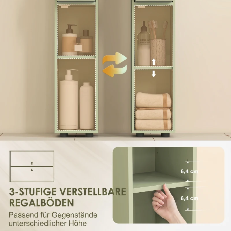 kleankin Badezimmerschrank schmal mit Schublade und 4 offenen Fächern für kleine Räume 20 x 20 x 180 cm Grün