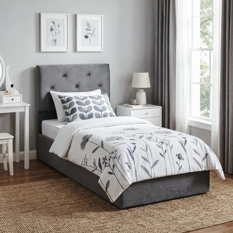 HOMCOM Single Bed Frame Gas End Lift Under Bed Storage Upholstered Platform Bed Tufted Headboard for 90 x 190 cm Mattress